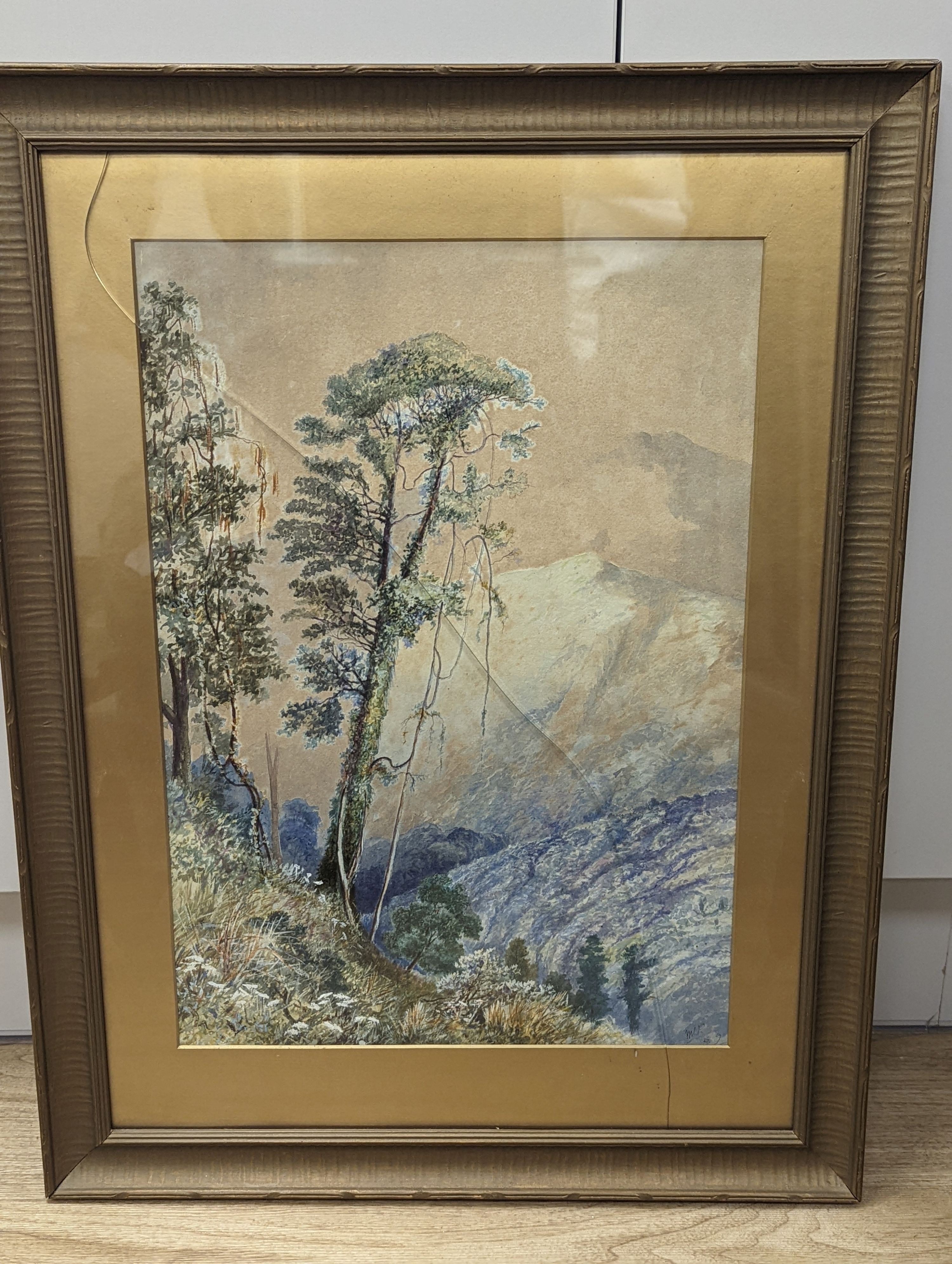 Late 19th century Indian School, watercolour depicting mountainous landscape, initialled MJP and dated ‘89, 44 x 31.5cm